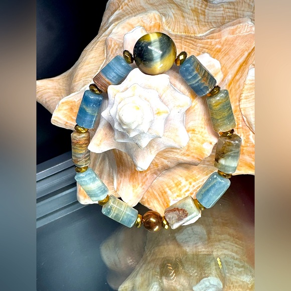 LEMURIAN AQUATINE BARRELS + YELLOW TIGERS NATURAL STONES BRACELET size 7” - Picture 2 of 10